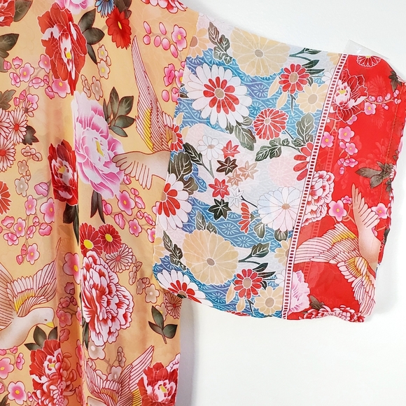 NEW Boho Retro Floral Kimono Gypsy Robe Duster Sheer Chiffon  Red Peach Teal - Picture 9 of 11